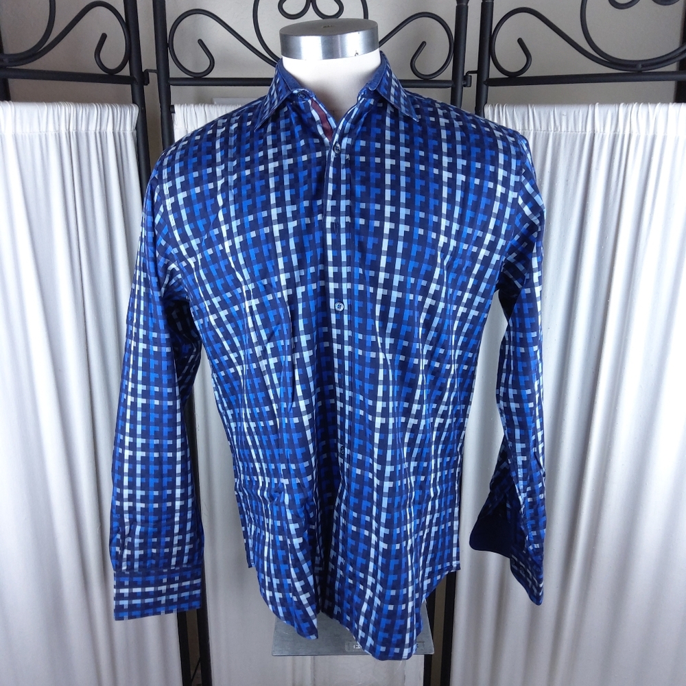 Bugatchi Uomo Shaped Fit Casual‎ Shirt Blue with multicolor Print, Men's XL